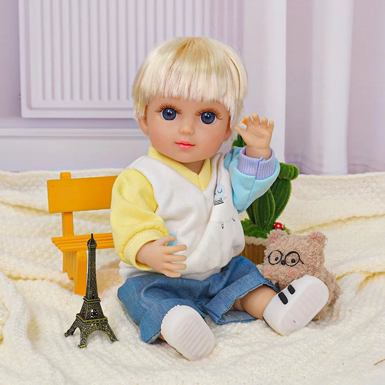 Cute toy doll with blonde bangs, in a colorful outfit, accompanied by a toy owl and Eiffel Tower.