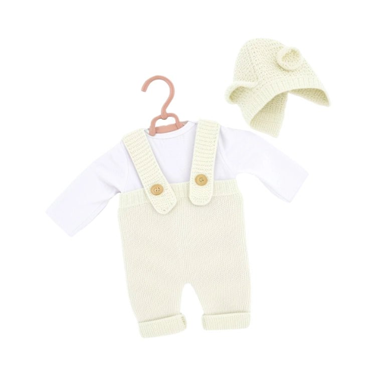 Ivory knit reborn doll clothes set with cotton suspenders overalls, white long-sleeve top and matching bonnet for 20-inch dolls, showcased on neutral grey background