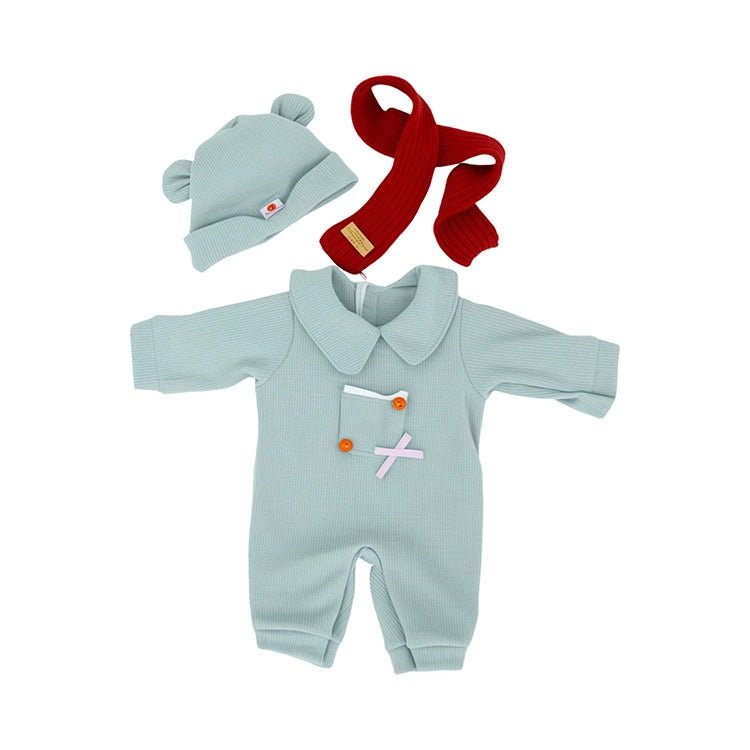 Complete outfit: Blue onesie, hat, and red scarf for reborn doll