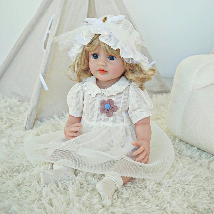 toddler doll, white countryside outfit, golden long hair, wearing a hat - chimidoll