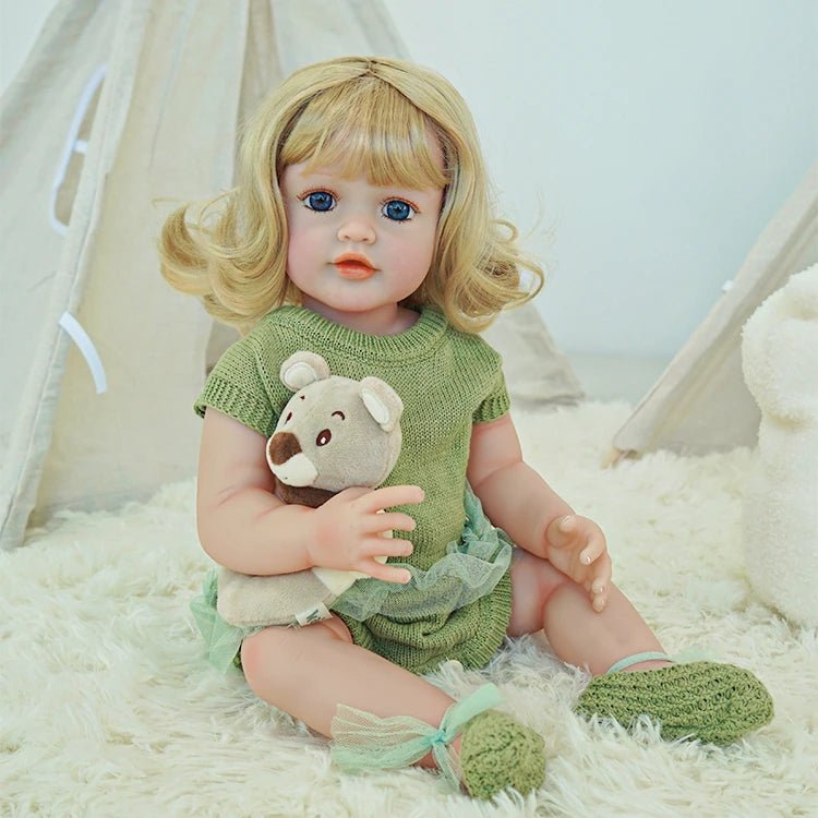 cute toddler doll with green outfit, yellow hair, and blue eyes - chimidoll