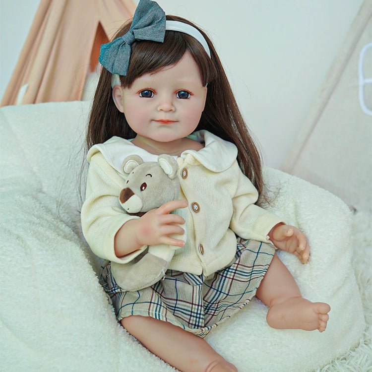 Adorable Toddler Doll in Cream Sweater and Plaid Skirt - chimidoll