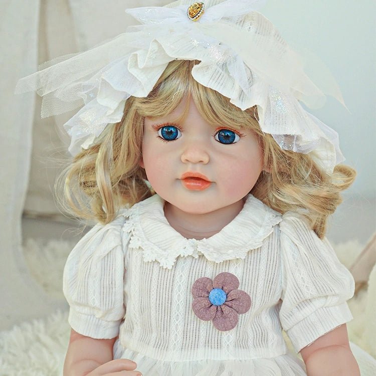toddler doll, white countryside outfit, golden long hair, wearing a hat - chimidoll
