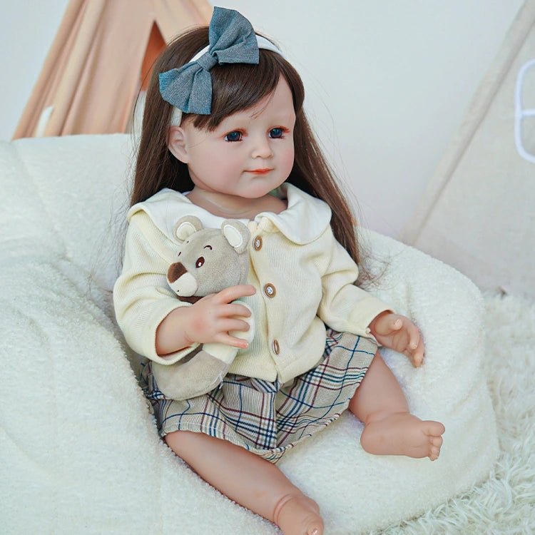 Adorable Toddler Doll in Cream Sweater and Plaid Skirt - chimidoll