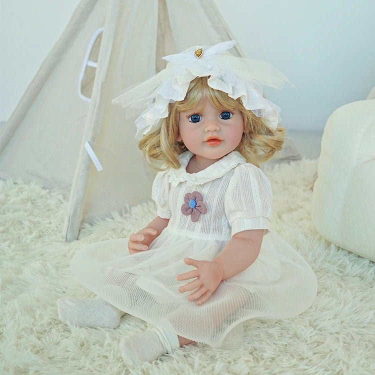 toddler doll, white countryside outfit, golden long hair, wearing a hat - chimidoll