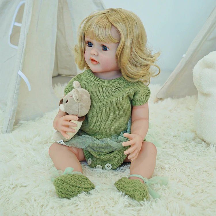 cute toddler doll with green outfit, yellow hair, and blue eyes - chimidoll