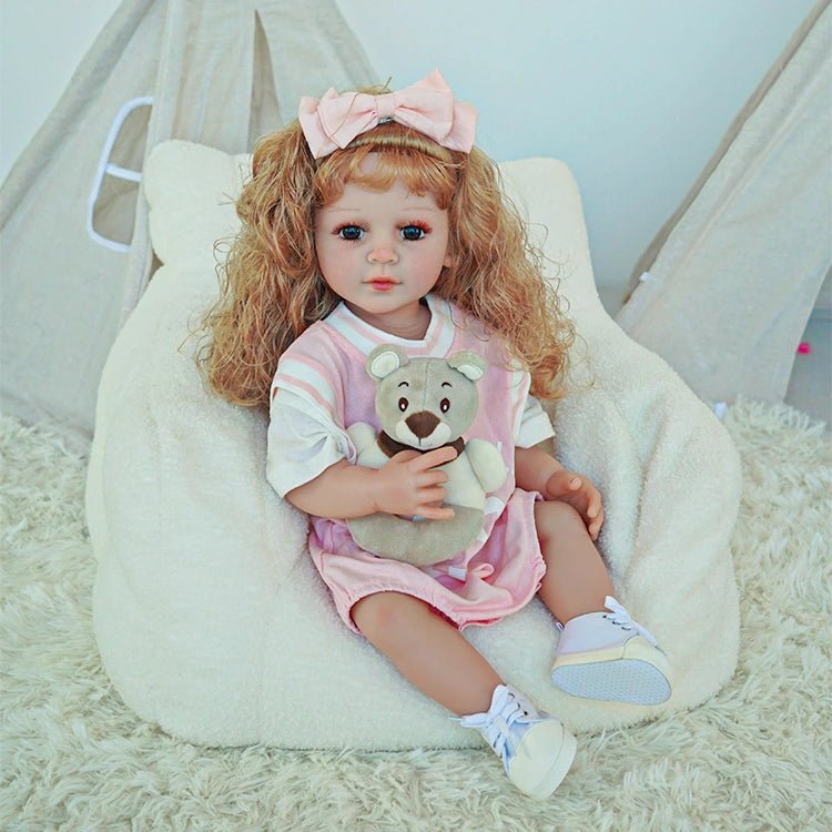 reborn toddler doll, curly hair wearing a pink basketball jersey - chimidoll