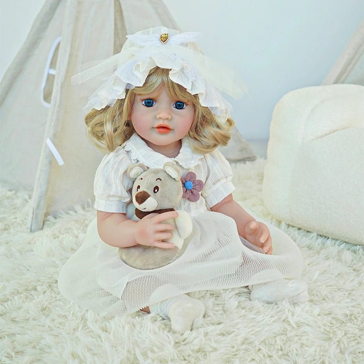 toddler doll, white countryside outfit, golden long hair, wearing a hat - chimidoll