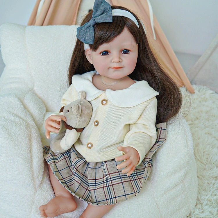 Adorable Toddler Doll in Cream Sweater and Plaid Skirt - chimidoll