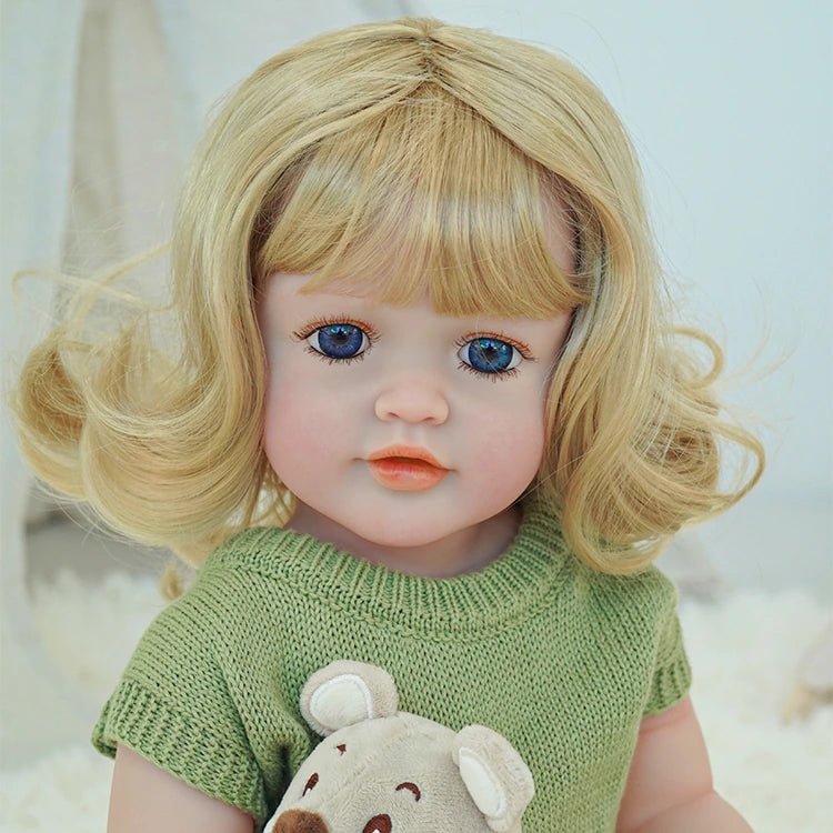 cute toddler doll with green outfit, yellow hair, and blue eyes - chimidoll