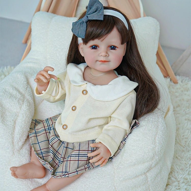 Adorable Toddler Doll in Cream Sweater and Plaid Skirt - chimidoll