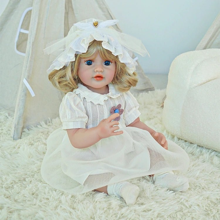 toddler doll, white countryside outfit, golden long hair, wearing a hat - chimidoll