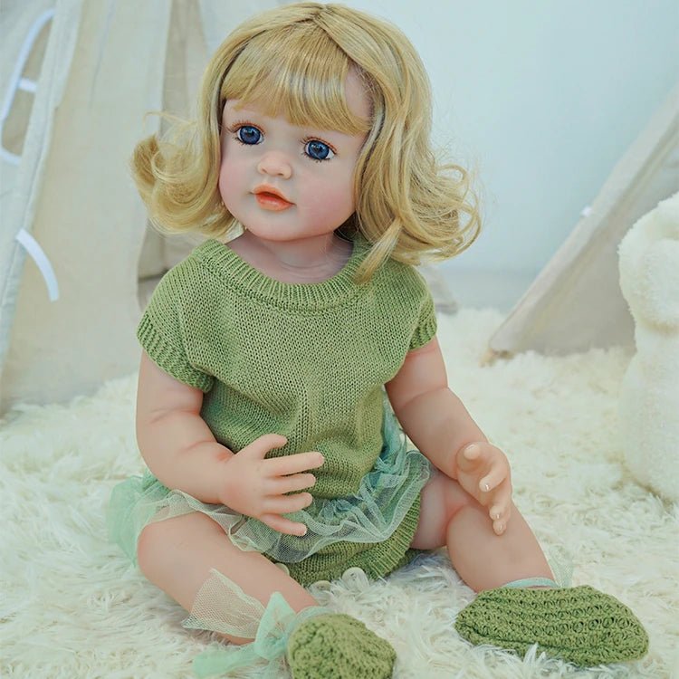 cute toddler doll with green outfit, yellow hair, and blue eyes - chimidoll