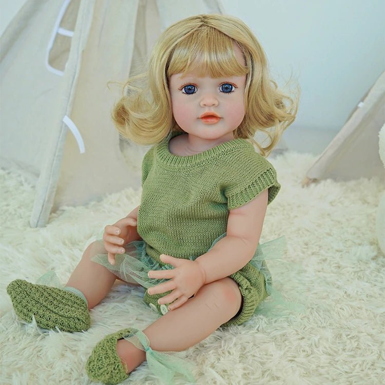 cute toddler doll with green outfit, yellow hair, and blue eyes - chimidoll