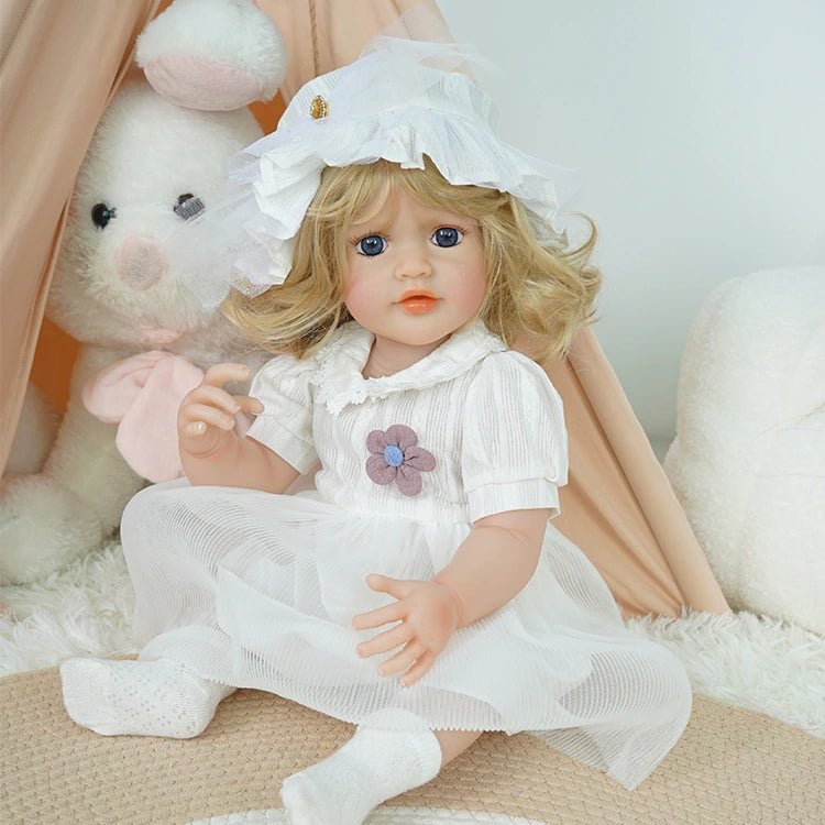 toddler doll, white countryside outfit, golden long hair, wearing a hat - chimidoll