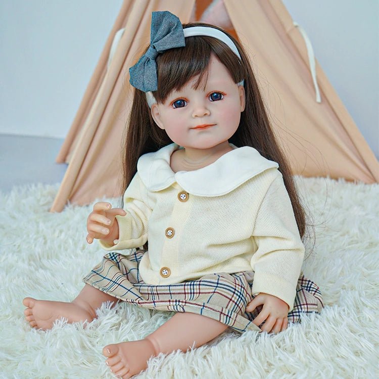 Adorable Toddler Doll in Cream Sweater and Plaid Skirt - chimidoll