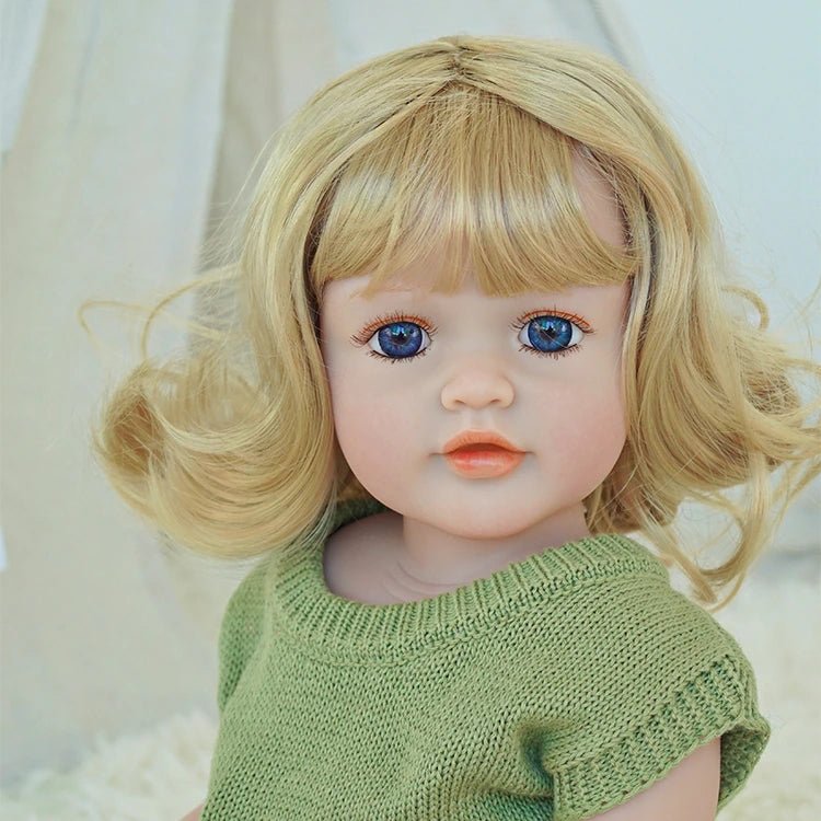 cute toddler doll with green outfit, yellow hair, and blue eyes - chimidoll