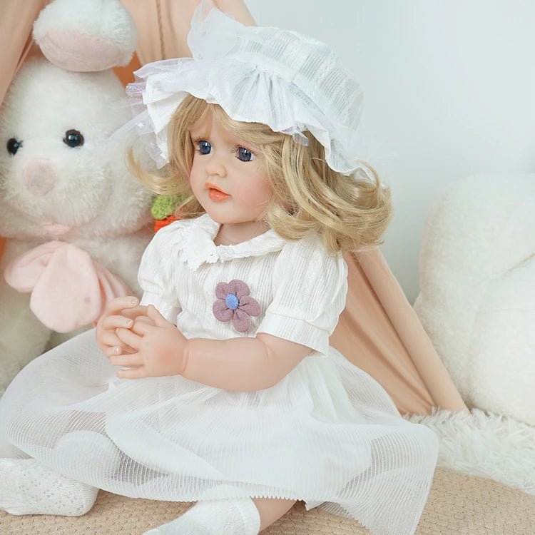 toddler doll, white countryside outfit, golden long hair, wearing a hat - chimidoll