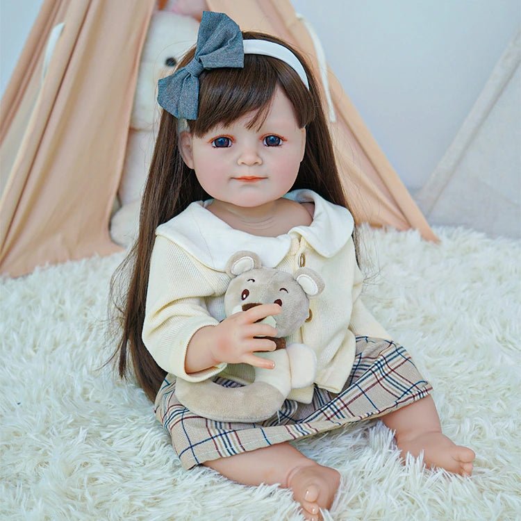 Adorable Toddler Doll in Cream Sweater and Plaid Skirt - chimidoll