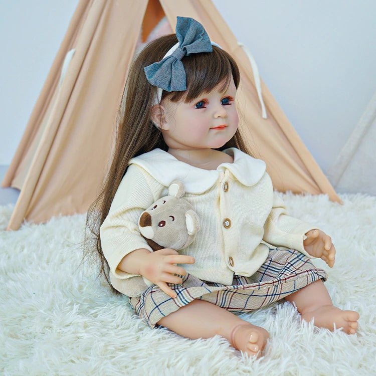 Adorable Toddler Doll in Cream Sweater and Plaid Skirt - chimidoll