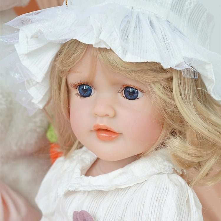 toddler doll, white countryside outfit, golden long hair, wearing a hat - chimidoll
