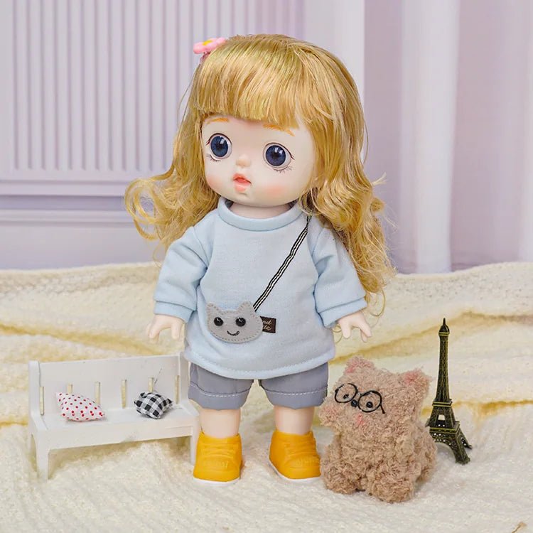 Adorable Auburn-Haired Doll in Casual Grey Hoodie and Blue Shorts - chimidoll
