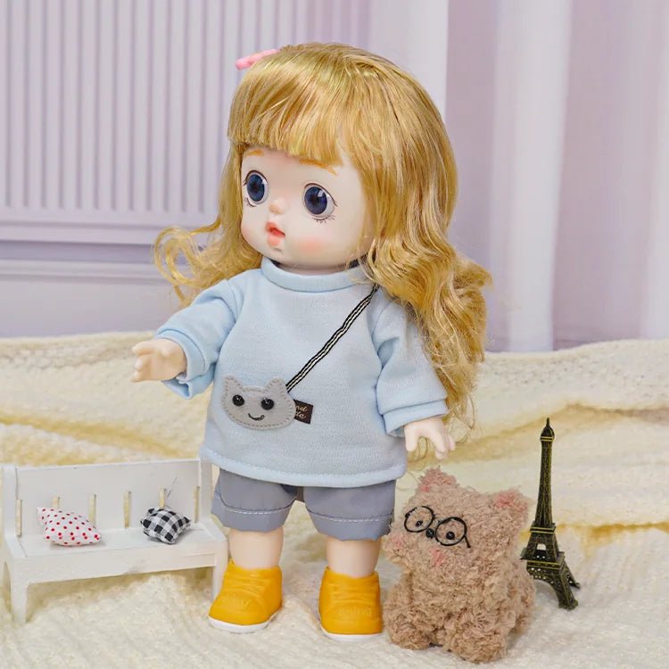 Adorable Auburn-Haired Doll in Casual Grey Hoodie and Blue Shorts - chimidoll