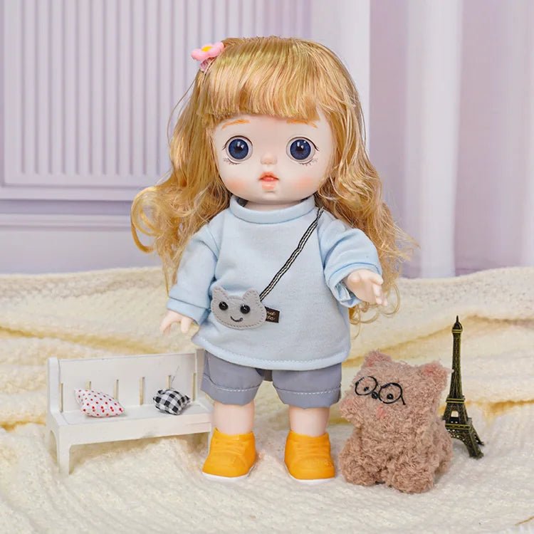 Adorable Auburn-Haired Doll in Casual Grey Hoodie and Blue Shorts - chimidoll