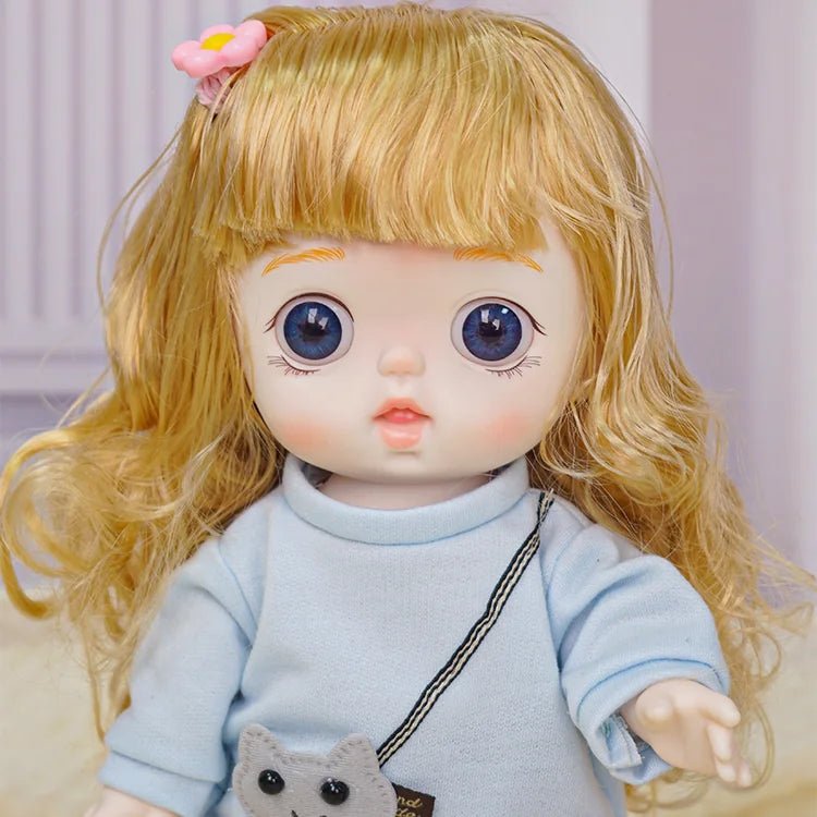 Adorable Auburn-Haired Doll in Casual Grey Hoodie and Blue Shorts - chimidoll