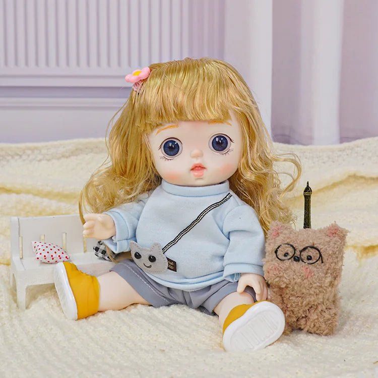 Adorable Auburn-Haired Doll in Casual Grey Hoodie and Blue Shorts - chimidoll