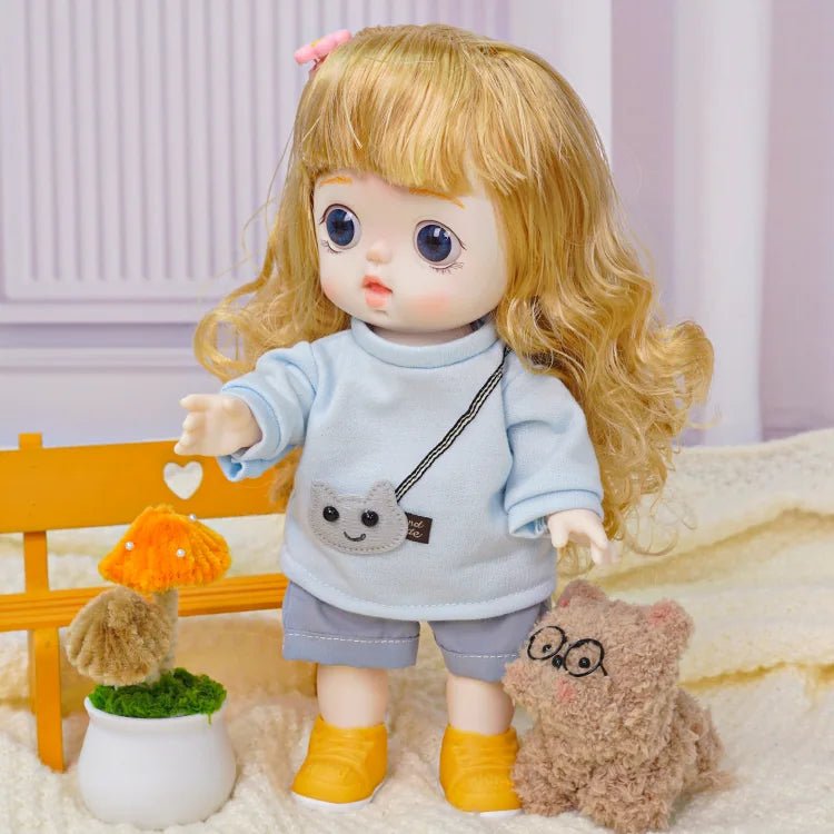 Adorable Auburn-Haired Doll in Casual Grey Hoodie and Blue Shorts - chimidoll