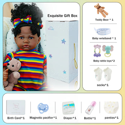 The fourth image features the baby doll sitting up, with both hands holding the teddy bear, wearing the rainbow-striped headband.
