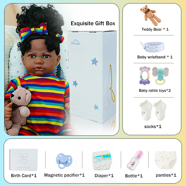 The fourth image features the baby doll sitting up, with both hands holding the teddy bear, wearing the rainbow-striped headband.
