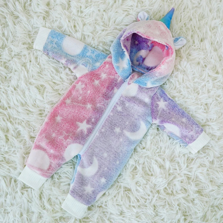Reborn doll outfit: soft unicorn onesie with hood, horn, and celestial design.