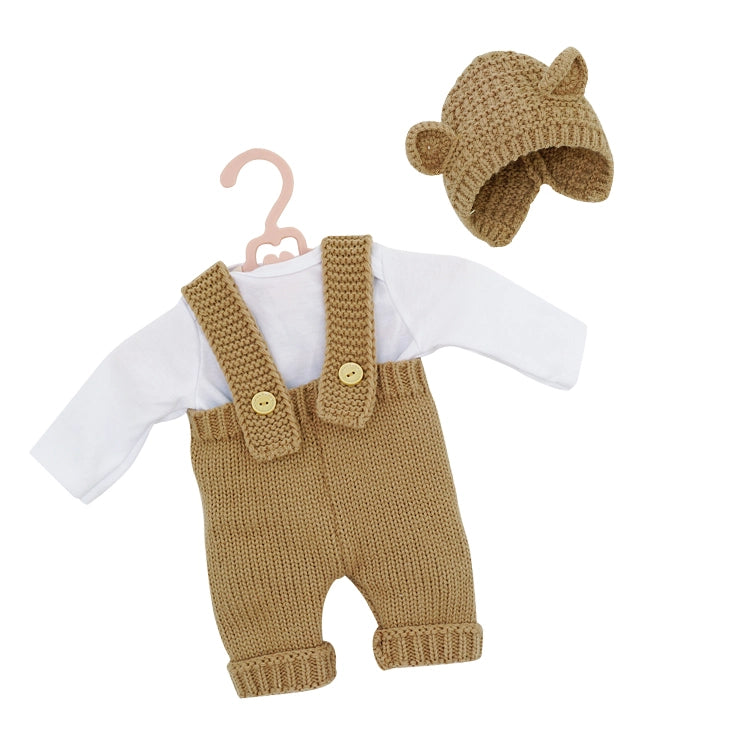 Complete brown knit reborn doll clothes set with white cotton long-sleeve bodysuit, textured suspenders featuring two decorative wood buttons, and matching ribbed bonnet for 20-inch dolls