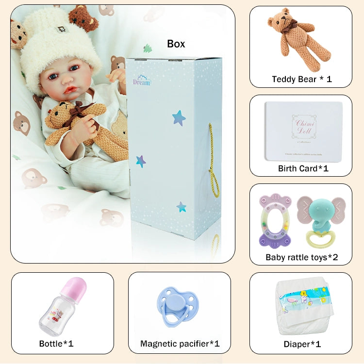 Package overview with accessories: teddy bear, birth certificate, bottle, magnetic pacifier, and diaper.