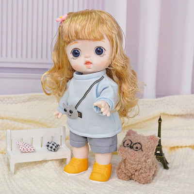 Adorable Auburn-Haired Doll in Casual Grey Hoodie and Blue Shorts - chimidoll